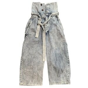 Walk In Dark Women Acid Wash High Rise Paperbag Waist Crop Wide Leg Jeans Blue S